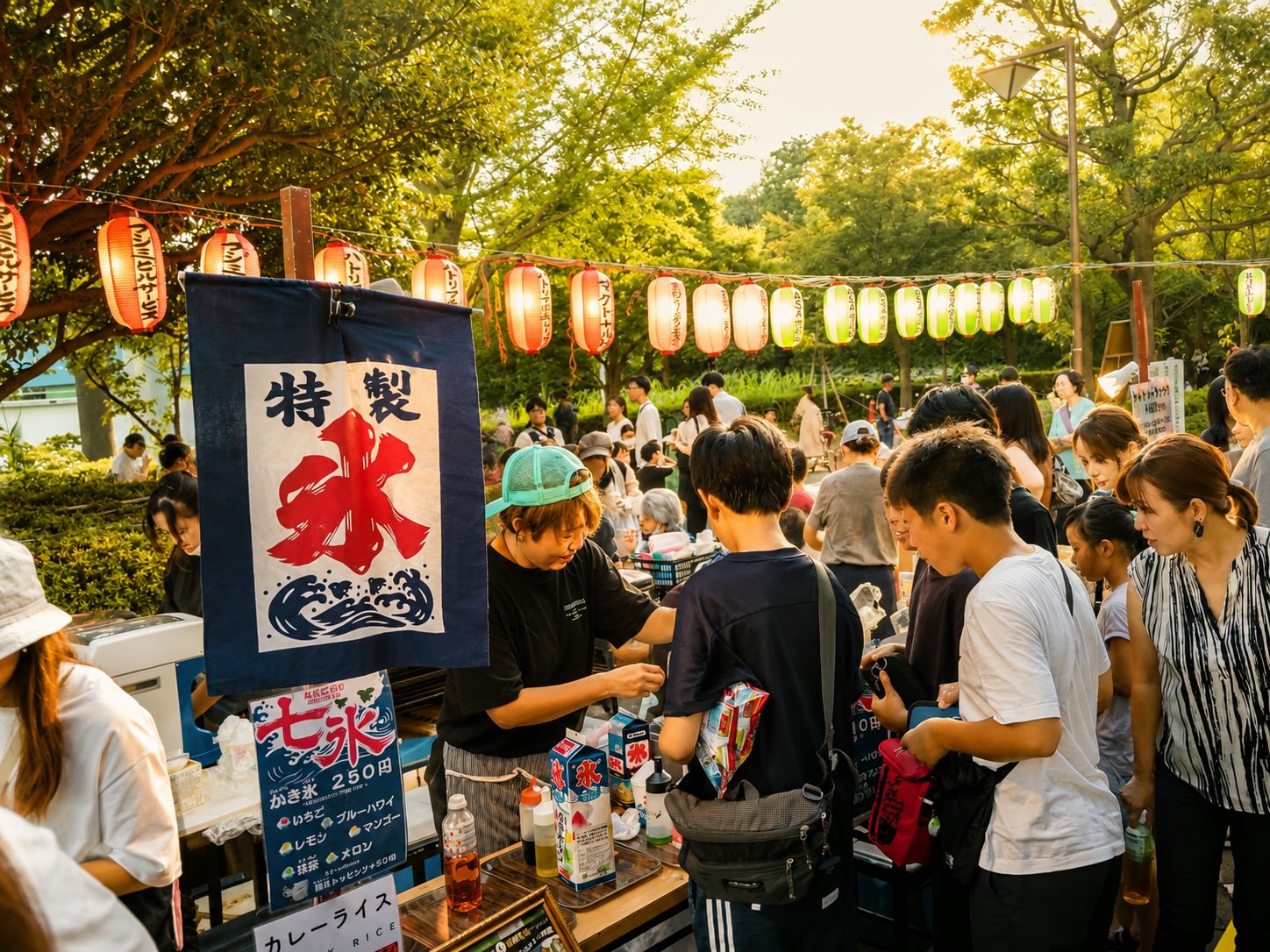 夕暮れの縁日で、かき氷の屋台に集まる人たち